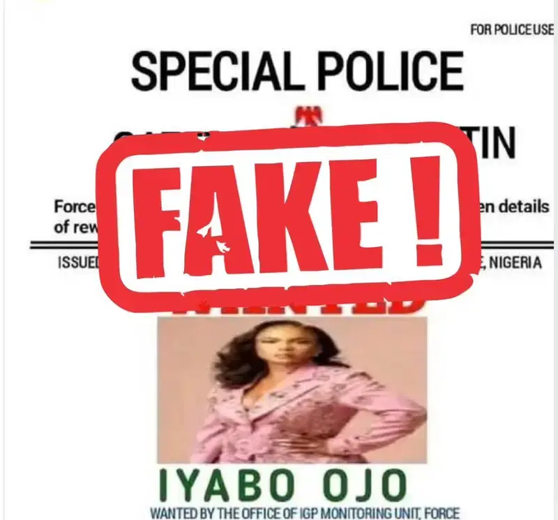 Iyabo Ojo not wanted – Police disown viral poster